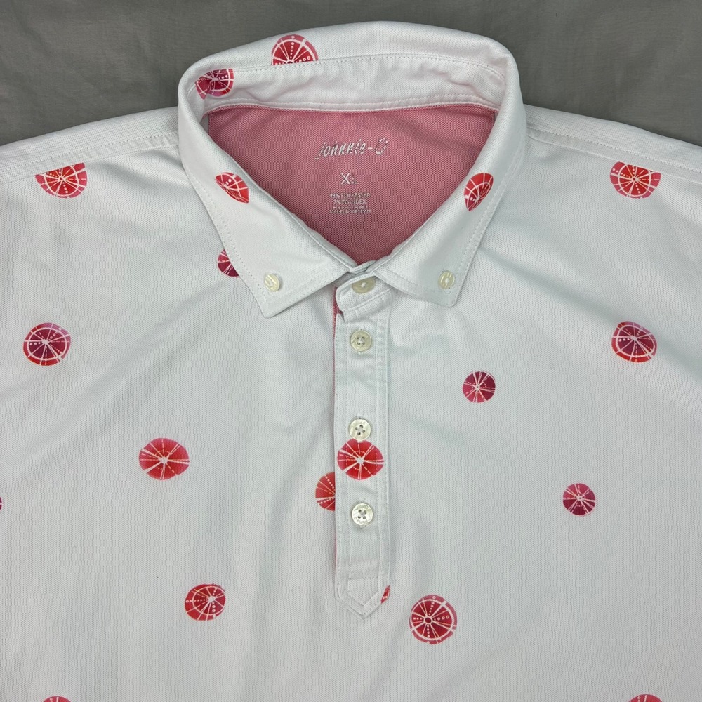 JOHNNIE O Mens Polo Size XL White Orange Citrus Print Golf Shirt‎ Button Down